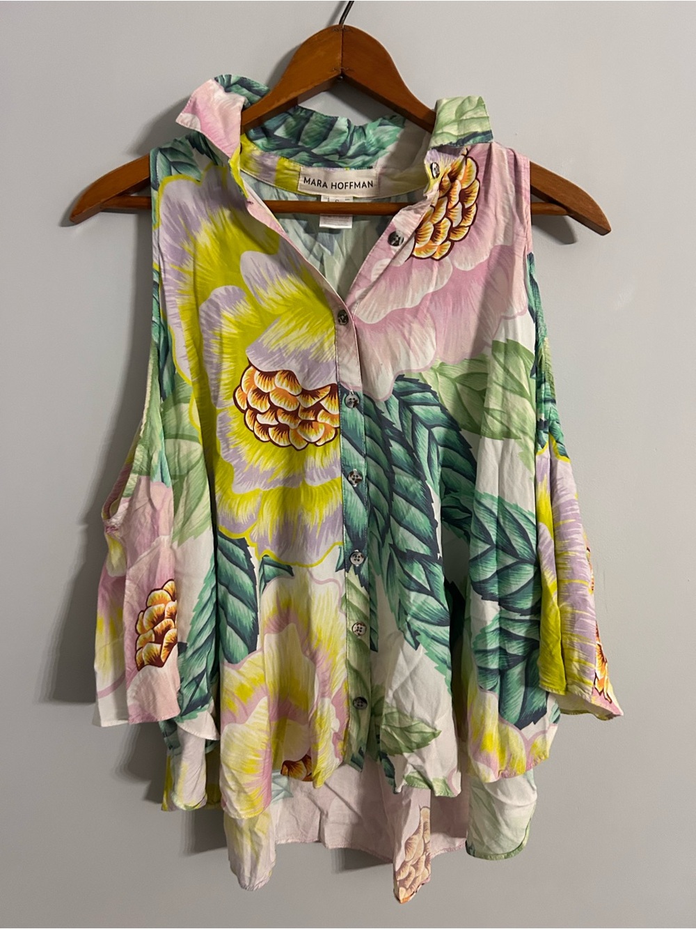 Mara Hoffman Pastel Tropical Floral Button Front Cold Shoulder Top Blouse Size S